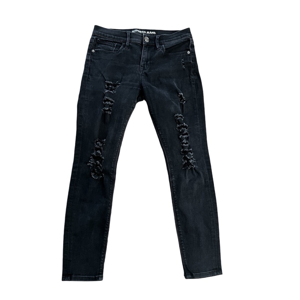 Express Women’s Skinny Black Distressed Mid-Rise Jeans size: 2 Short